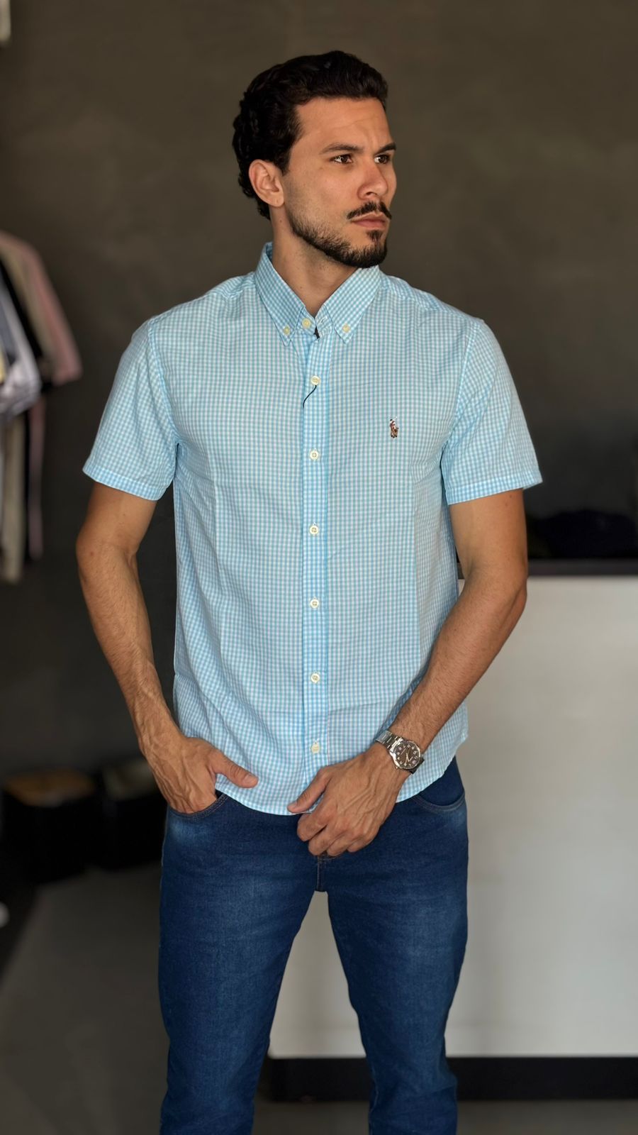CAMISA XADREZ MANGA CURTA AZUL BEBÊ – CUSTOM FIT