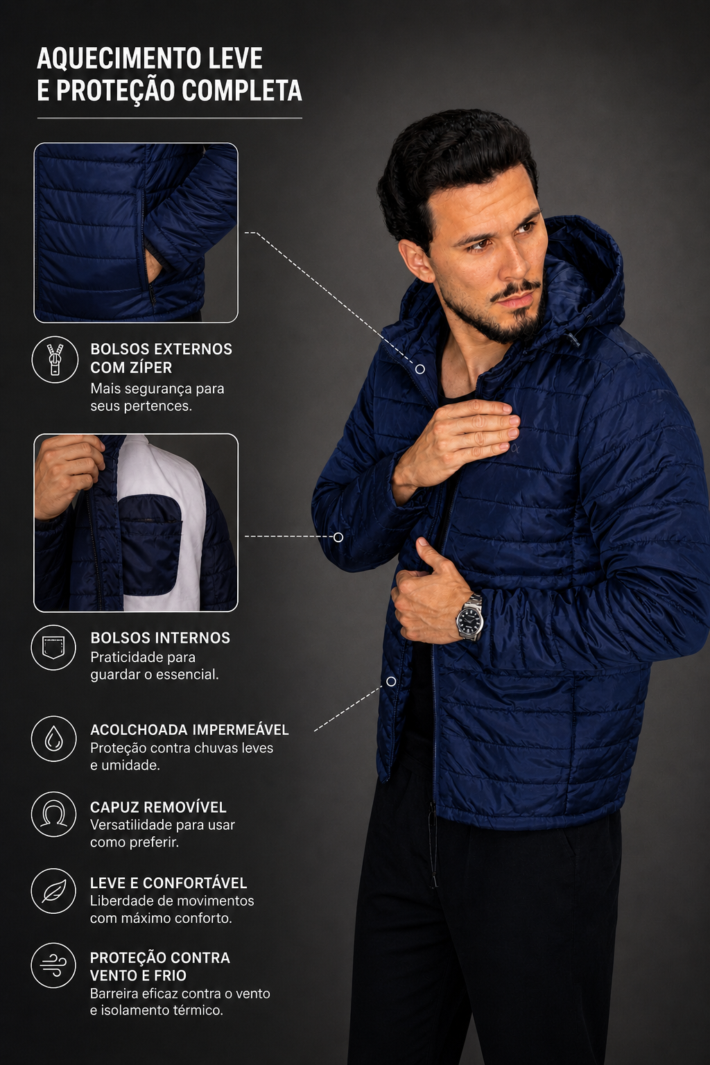 Jaqueta Essencial Puffer Ogochi Masculina com Zíper e Gorro Removível