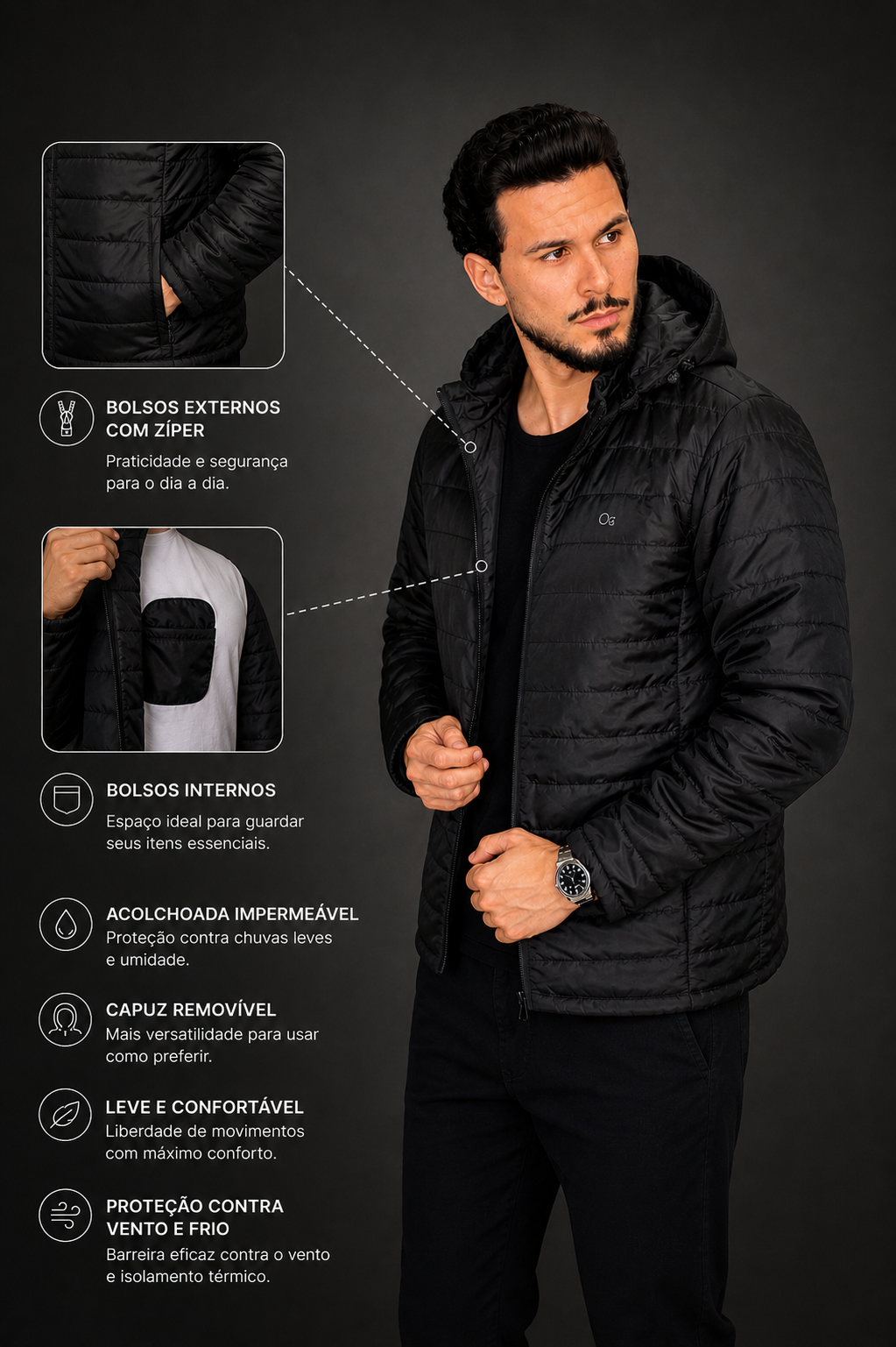 Jaqueta Essencial Puffer Ogochi Masculina com Zíper e Gorro Removível
