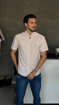 CAMISA XADREZ MANGA CURTA CREME COM BRANCO – CUSTOM FIT