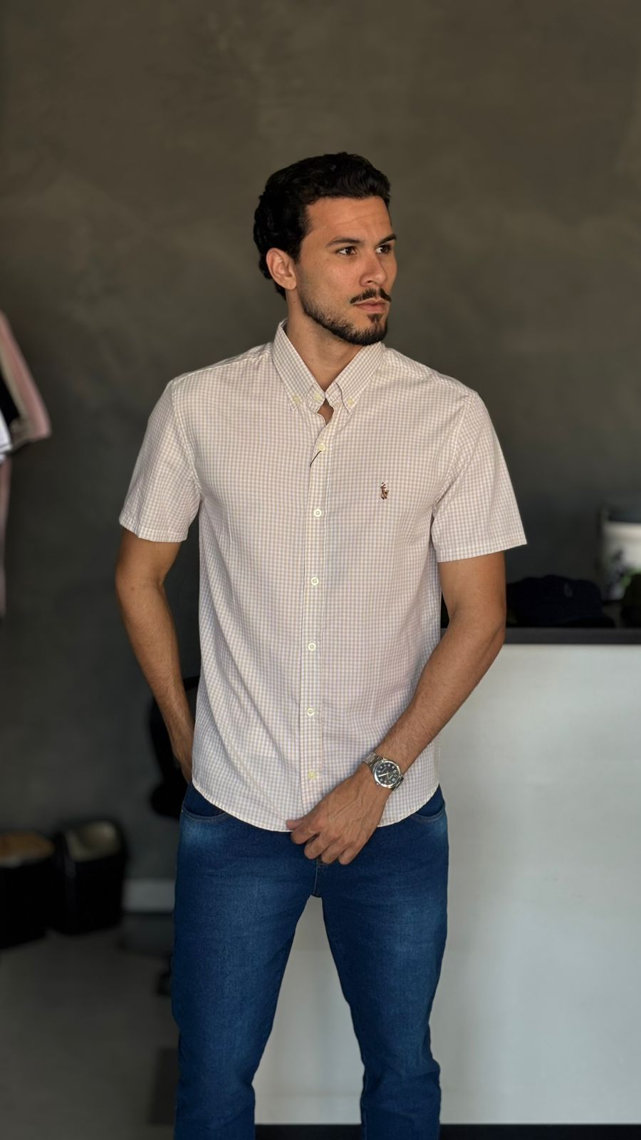 CAMISA XADREZ MANGA CURTA CREME COM BRANCO – CUSTOM FIT