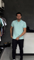 Camisa Polo Masculina Verde Água com Detalhes em Azul