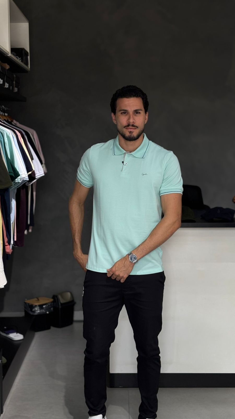 Camisa Polo Masculina Verde Água com Detalhes em Azul